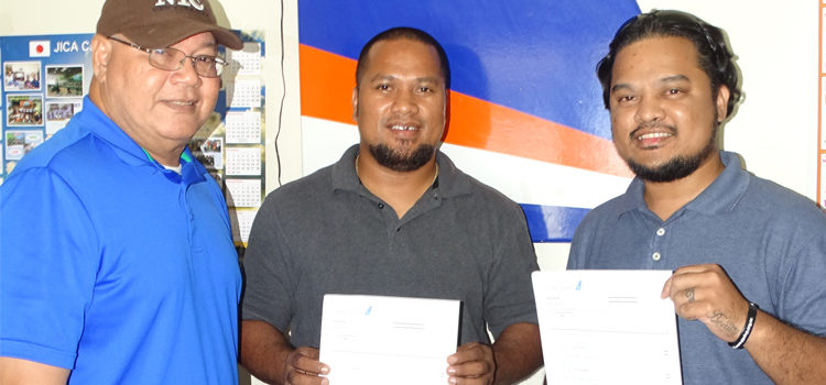 AMI’s Project and Training Manager Yuri Maddison with pilot students Dick “Danny” Hanchor, Jr. and Christopher Jelke. Photo: Isaac Marty NTC & AMI send 2 for pilot training