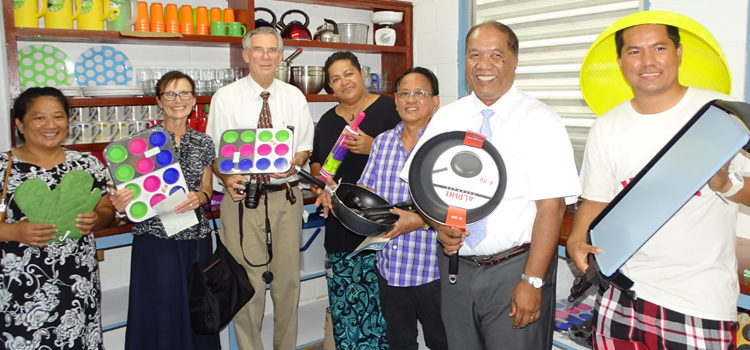 Celebrating CMI’s new kitchen funded by The Church of Jesus Christ of Latter-Day Saints Charities are from left: Rubida Hermios, Sister Nancy Preston and Elder Craig Preston, CMI President Dr. Theresa Koroivulaono, Moses Sumaoang, LDS Majuro Stake President Zedhkeia Zedhkeia and Marshall Islands Journal reporter and CMI student Isaac Marty. Photo: CMI Media Center CMI students ready to cook