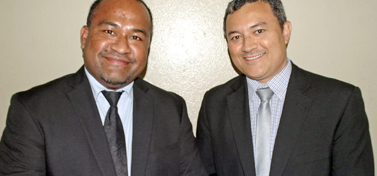 Chief Secretary Ben Graham (right) is pictured with RMI Auditor General Junior Patrick. Graham is ramping up implementation of President Heine’s Agenda 2020 by implementing accountability action. Photo: Isaac Marty. Ben pushes Agenda 2020