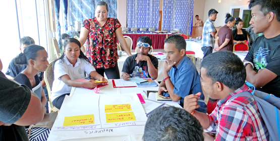 Women United Together Marshall Islands Director Kathryn Relang (center standing) leads a small group discussion during the workshop on empowering youth in the work place. Photo: Hilary Hosia. NTC focuses on youth labor
