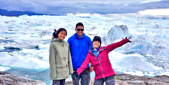 Micronesia area students standing on the edge of iceberg-filled Ilulissat Fjord, Greenland during their recent Coral and Ice Exchange climate tour. From left: Karen Ehmes of Pohnpei, Dylan Tellei of Palau and Chloe Arnold of Chuuk. Photo: Danko Taborosi. Island students taste Arctic life