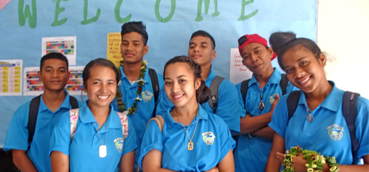 Laura High School student officers were ready with flower leis and smiles to welcome the American rock band ACIDIC to the school last week. Photo: Kelly Lorennij. Laura welcomes US band