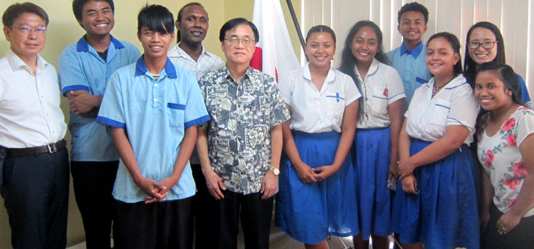Assumption students joined with Japan Ambassador Hideyuki Mitsuoka prior to departure to Japan for the high school summit. Majuro students to Japan