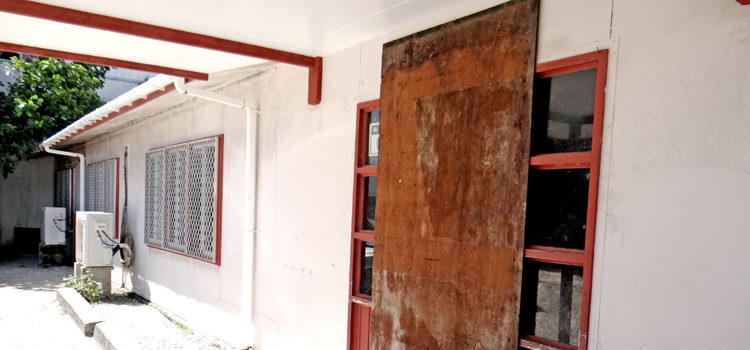 The entrance to the Delap Kindergarten school was boarded up Monday by a disgruntled landowner. Photo: Hilary Hosia. Delap school shut down