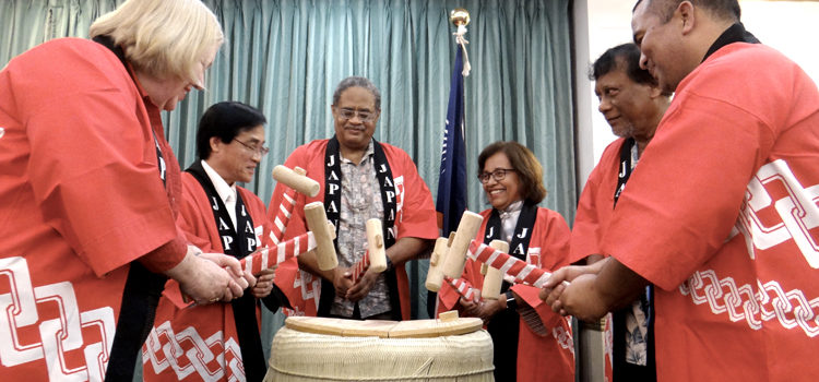 Breaking the sake container, known as kagami biraki, from left: US Ambassador Karen Stewart, Japan Ambassador Hideyuki Mitsuoka, Chief Justice Carl Ingram, Vice Speaker Jejwarick Anton and Minister David Paul. Photo: Hilary Hosia. Celebrating Japan emperor’s birthday