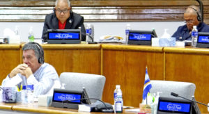 Former Minister Alfred Alfred, Jr. was absent from Nitijela Wednesday when President Hilda Heine announced his resignation to the chamber. He sat next to Foreign Minister John Silk, left. Backbenchers pictured, from left: Enewetak Senator Jack Ading and Wotho Senator David Kabua. Photo: Hilary Hosia.