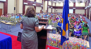 President Hilda Heine speaks to a packed ICC at Monday’s Government Employee Forum, the first event of its kind in RMI. Photo: Hilary Hosia.
