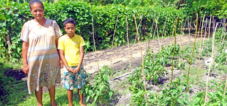 Marilla Capelle with her son Nilo Lolin by their expansive farm in the Iolap area of Laura, Majuro. Photo: Kelly Lorennij. Laura farms sprouting