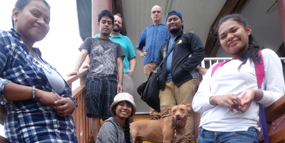 CMI Ettonaak staff with their mascot, Ginger. From left: Neine Rear, Kelly Lorennij, Junjun Jamore, David Willbanks, Richard Newman, Ronald Jorthan and Berlyann Labija. Photo Jaerin Chang. Navigators creating, sharing art