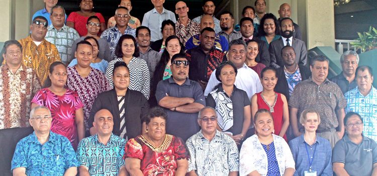Participants in the International Monetary Fund-supported fisheries finance management workshop this week in Majuro took time out for a group photo on the steps of the Marshall Islands Resort. Photo: Rebecca Lathrop. Managing skyrocketing fisheries revenue