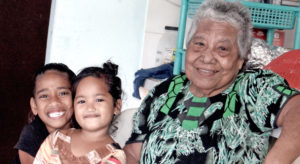 Bravo survivor Lemeyo Abon pictured with great grand neice Mita Eknilang (middle) and neighbor Nitha Milne in January. Photo: Hilary Hosia.