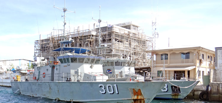 Kiribati’s Teanoai patrol vessel with Sea Patrol’s Lomor at RMI Sea Patrol Dock in Majuro earlier this month. At the back, Marshall Islands Marine Resources Authority’s new three-story headquarters begins to take shape. Photo: Hilary Hosia. Kiribati, RMI joint sea patrol