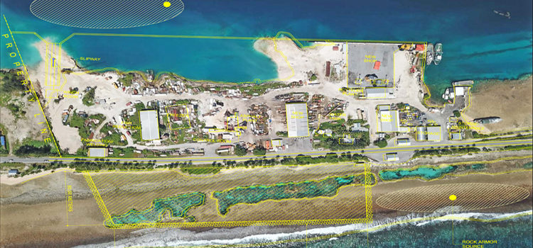 The yellow highlighted rectangular area at the bottom of this aerial photo shows the location of the land reclamation project proposed by PII. This is the ocean side reef area across from the PII Dock area on the lagoon side. Photo graphic: Pacific International Inc. Major fisheries facility proposed