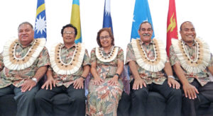 Micronesia leaders in Majuro, from left: Nauru President Baron Waqa, Palau President Tommy Remengesau, Jr., RMI President Hilda Heine, FSM President Peter Christian and Kiribati President Taneti Maamau. Photos: Hilary Hosia