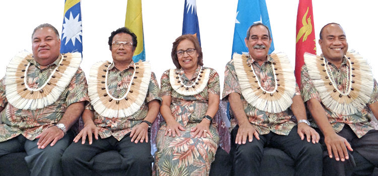 Micronesia leaders in Majuro, from left: Nauru President Baron Waqa, Palau President Tommy Remengesau, Jr., RMI President Hilda Heine, FSM President Peter Christian and Kiribati President Taneti Maamau. Photos: Hilary Hosia Summit debut for Kiribati, Nauru