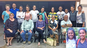 On the right, the happy duo of Majuro Cooperative School sophomore Hannah Reimers and Assumption High School junior Berlin Philippo who won scholarships to study at United World College schools in Japan and Germany, respectively. Photo: Tamara Greenstone-Alefaio.