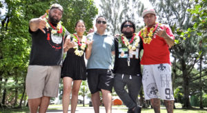 Daniel Kramer, center, has pulled together an amazing group of musicians who will showcase their talents at this Saturday’s Spring Break Beach Bash at Laura Beach. Both local and off-island stars will play, including this group that arrived Monday. From left: Tunez Moananu, Eli Mac, Kramer, Sherwin Milne deBrum and Kaipo Kapua. Photo: Hilary Hosia.
