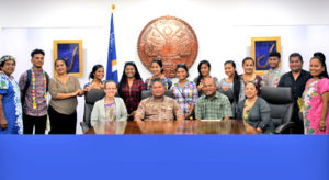 GEM Christian School seniors and chaperones visited the President’s Office in Majuro last week where they were welcomed by Education Minister Wilbur Heine (center aloha shirt).