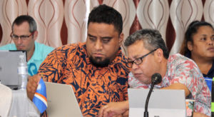 Outgoing PNA Chairman Glen Joseph (right), who directs the Marshall Islands Marine Resources Authority, consults with MIMRA Legal Advisor Laurence Edwards, II, during the PNA Officials meeting on Nauru recently. Photo: Rebecca Lathrop.