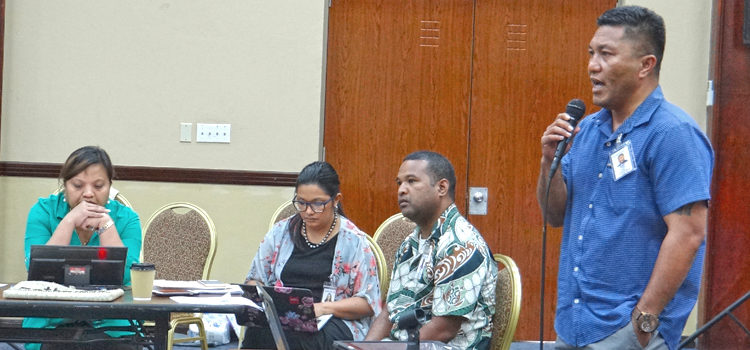 Health Minister Kalani Kaneko addresses a briefing session with local non government organizations. Ministry staff Mailynn Lang, Francyne Wase-Jacklick and Paul Alee are also pictured. Photo: Hilary Hosia. Mass TB/Leprosy screening