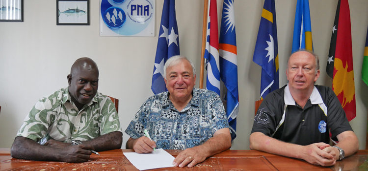 Signing the contract for construction of a new PNA HQ building in Majuro are, from left: PNA CEO Ludwig Kumoru and Pacific International Inc. CEO Jerry Kramer, as PNA Commercial Manager Maurice Brownjohn looks on. Photo: Rebecca Lathrop. PNA HQ moves forward
