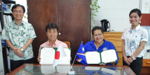 At the signing of the new agreement between CMI and University of the Ryukyus, from left: Japan Ambassador Hideyuki Mitsuoka, Vice President of University of the Ryukyus Ryuji Ishikawa, CMI President Theresa Koroivulaono, and University Educational Administrator Aino Kinjo. Photo: Kelly Lorennij.