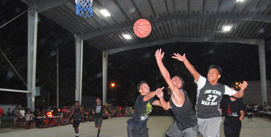 Marshalls Christian High School’s Jonathan Mawilong weaved between two Majuro Cooperative High School defenders to score during a game at the SSG Solomon Sam Sports Center at the College of the Marshall Islands. Photo: Hilary Hosia. MCHS beats Majuro’s best