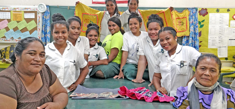 The MIHS sewing team, clockwise from left: Faleala Mae, Raine Kabinmeto, Ester Thomas, Heslina Kerong, Andrea deBrum, Kimiko Mista, Pearlina Jajo and Utoane Teniu. At back standing from left: Celista Namto and Jola Lejer. Photo: Hilary Hosia. Promoting skills development