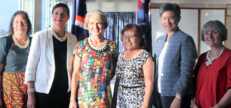 Australian Foreign Minister Julie Bishop (third from left) led a team to Majuro last week for meetings. From left: RMI Minister of Culture and Internal Affairs, Minister for International Development and the Pacific Senator Concetta Fierravanti-Wells, Bishop, President Hilda Heine, Leader of the Opposition and Shadow Minister for Foreign Affairs Senator Penny Wong, and Shadow Minister for Women Senator Claire Moore. OZ officials visit Majuro