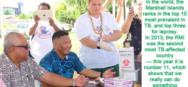 Majuro Mayor Ladie Jack and Health Minister Kalani Kaneko were among the first people to be screened for TB and leprosy at Monday’s launch of Majuro’s big screening and treatment program. Health authorities aim to screen virtually everyone living on Majuro over the next four months. Photo: Kelly Lorennij. Mass TB screening launched