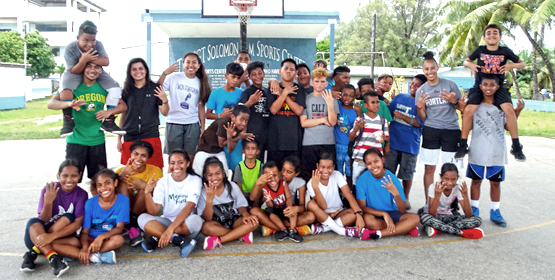 RMI national team players gearing for the Micronesian Games in Yap next month led a week-long series of basketball clinics for youngsters at CMI’s SSG Solomon Sam Memorial Sports Court. Photo: Kathleen deBrum. RMI ballers teach kids