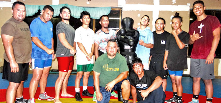 RMI wrestlers going to the Micronesian Games in Yap, from left: Waylon Muller, Kaiser Muller, Isaiah Kramer and Edward Adiniwin have been joined by Bollong Joklur and Kalimen Pabro from Oregon, and Alexander Adiniwin, Richard Adiniwin, Richard Adiniwin, Jr and Andrew Adiniwin all from Hawaii. Photo: Hilary Hosia. RMI wrestlers head to Yap