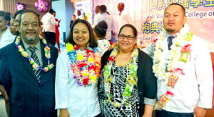 At the white coat ceremony at I-Shou School of Medicine in Taiwan, from left: Foreign Secretary Bruce Kijiner, Jean Phillip-Lingayon, RMI Embassy in Taiwan Charge Anjanette Kattil, and Jerel Anitok.