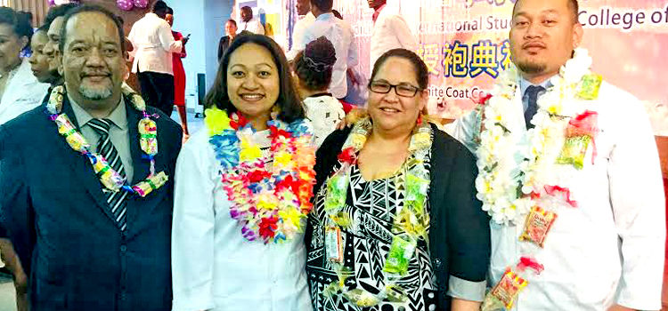 At the white coat ceremony at I-Shou School of Medicine in Taiwan, from left: Foreign Secretary Bruce Kijiner, Jean Phillip-Lingayon, RMI Embassy in Taiwan Charge Anjanette Kattil, and Jerel Anitok. Med students ROC milestone
