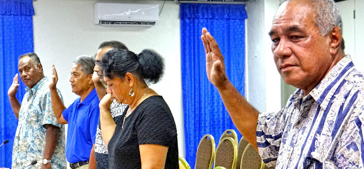 Finance Minister Brenson Wase (top right) joined Air Marshall Islands managers in taking an oath before testifying before the Nitijela Public Accounts Committee. Photo: Hilary Hosia. Senators grill RMI workers