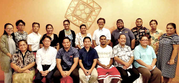 Japan and RMI officials recognized three Marshallese selected for a Japan master’s degree program, from left (in center): Benedict Yamamura, Vladimir Gulfan and Peter Robert. Photo: Kelly Lorennij. Three to Japan master’s program