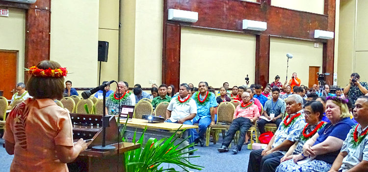 President Hilda Heine spoke to the opening of the two-day Second National Climate Change Dialogue at the International Conference Center in Majuro late last month. Photo: Kelly Lorennij. RMI wants zero carbon emissions