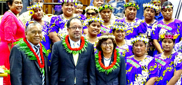 At Nitijela Monday, after the formal opening ceremony, from left: Majuro Iroijlaplap Lein Zedkeia, First Gentleman Tommy Kijiner, Jr. and President Hilda Heine joined the Aur singing group. Photo: Kelly Lorennij. Hilda: Launching major health initiative