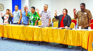 The Kili-Bikini-Ejit Local Government team, led by Acting Mayor Wilson Note (third from right), takes the oath at the start of their recent hearing before the Public Accounts Committee. Photo: Kelly Lorennij.