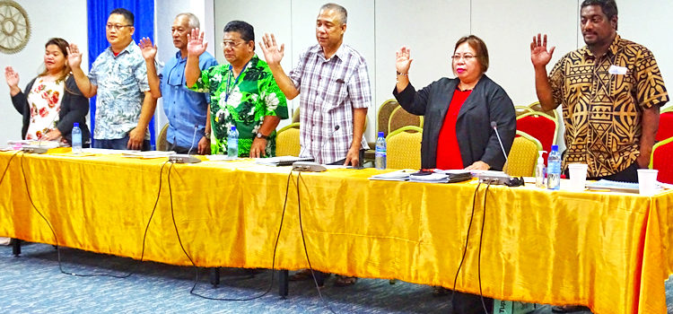 The Kili-Bikini-Ejit Local Government team, led by Acting Mayor Wilson Note (third from right), takes the oath at the start of their recent hearing before the Public Accounts Committee. Photo: Kelly Lorennij. Friendly Nitijela hearing on KBE