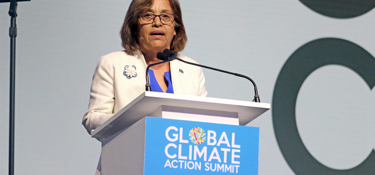 Marshall Islands President Hilda speaking at the Global Climate Action Summit in San Francisco last week. Heine praises climate summit