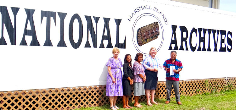 The US donation was made at the Alele Museum and National Archives, from left: Alele Manager Carol Curtis, Alele board members Mabel Peter and Rebecca Lorennij, US Ambassador Karen Stewart, and Alele Director Melvin Majmeto. Photo: Hilary Hosia. US funds deBrum archiving