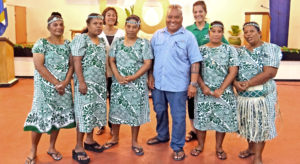 Jaki-ed weavers (from left) Susanta Jieta of Ailinglaplap, Elisana Emos of Ailinglaplap, Airine Keju of Mejit, Jawin Jerilong of Ebon and Susan Jeita of Mejit are joined by Waan Aelon in Majel Director Alson Kelen (standing front), Ministry of Culture and Internal Affairs Assistant Secretary Molly Helkena and K&K Corp. Manager Jennifer Hawley. Photo: Hilary Hosia.