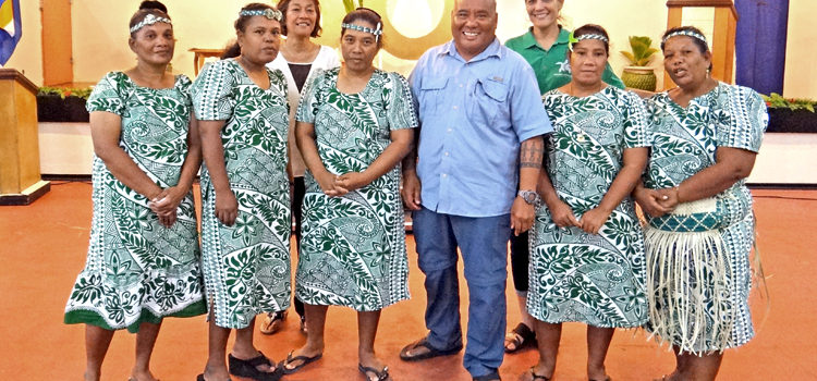 Jaki-ed weavers (from left) Susanta Jieta of Ailinglaplap, Elisana Emos of Ailinglaplap, Airine Keju of Mejit, Jawin Jerilong of Ebon and Susan Jeita of Mejit are joined by Waan Aelon in Majel Director Alson Kelen (standing front), Ministry of Culture and Internal Affairs Assistant Secretary Molly Helkena and K&K Corp. Manager Jennifer Hawley. Photo: Hilary Hosia. USP 50th features jaki-ed weavers