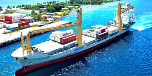 The Kamokuiki container vessel nears Delap Dock in Majuro on its first visit to Majuro Tuesday this week. Photo: Tyler Milne.