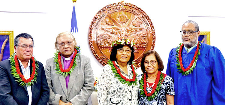 At the conclusion of the swearing in ceremony for new RMI Ambassador to Taiwan Neijon Edwards, participants posed, from left: Foreign Minister John Silk, Rev. Russell Edwards, Ambassador Neijon Edwards, President Hilda Heine and High Court Chief Justice Carl Ingram. Neijon joins ambassador ranks