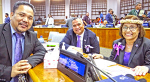 After the vote of no confidence Monday, Speaker Kenneth Kedi, Minister David Paul and President Hilda Heine chatted amicably. Photo: Hilary Hosia.