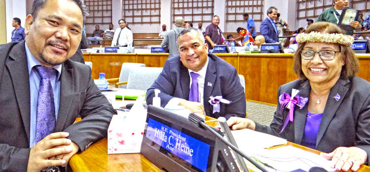 After the vote of no confidence Monday, Speaker Kenneth Kedi, Minister David Paul and President Hilda Heine chatted amicably. Photo: Hilary Hosia. Heine survives confidence vote