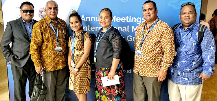 Attending last month’s World Bank Group/IMF annual meeting in Indonesia, from left: Ywao Elanzo, Minister Brenson Wase, Malie Tarbwillin, May Bing, Minister David Paul, and Charles Paul. RMI attends global financial meeting