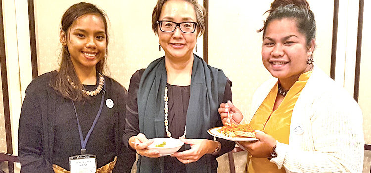 Mikela Heine and Ann Chong Gum, who are attending a Japan-sponsored disaster management training program, with UNITAR director Mihiko Kumamoto. Photo: Kelly Lorennij. Learning from Japan’s disasters